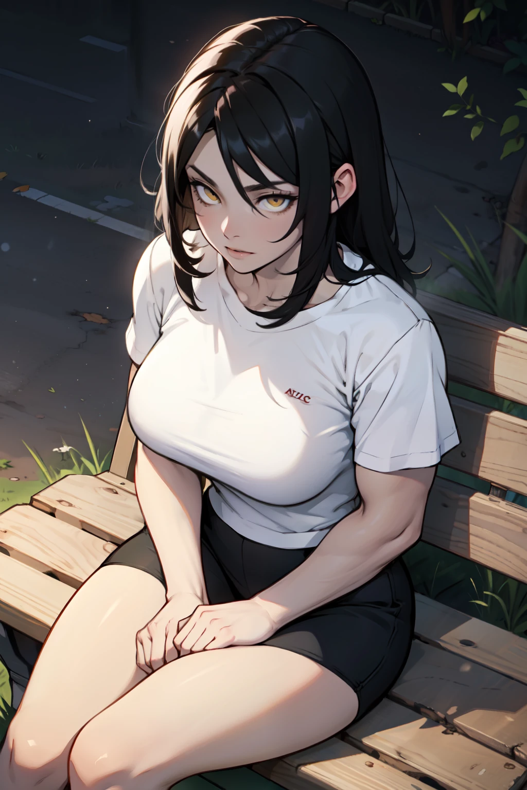 a muscular woman with sitting on a park bench at night by herself black hair yellow eyes pale skin from above