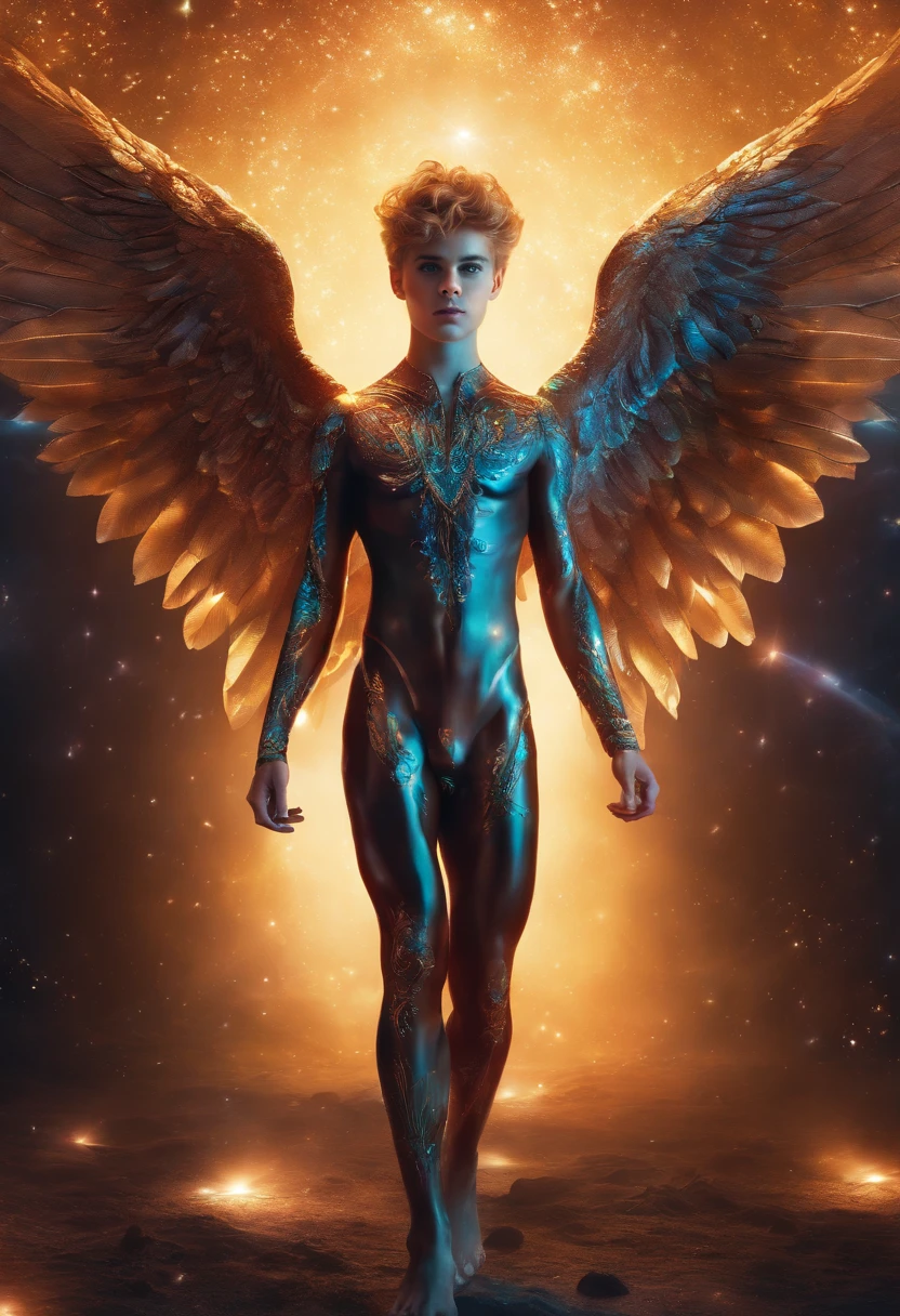 ((Handsome Cosmic Fallen twink Angel)), glowing light eyes, Justin Bieber, Biomechanical, eerie, ((sexy and Creepy)), nightmarish, Very bright colors, Light particles, with light glowing, Mshiff, wallpaper art, UHD wallpaper well lit cute boyish face blending seamlessly into biomechanical fallen twink angel body, full body painting