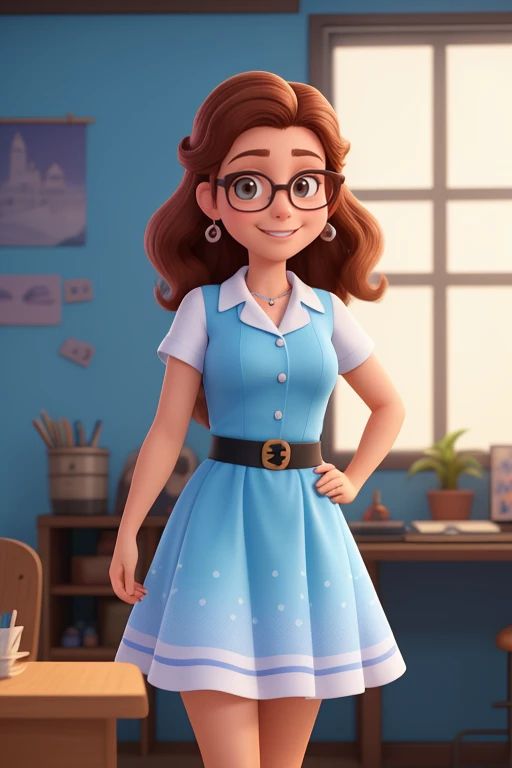 Desenhe estilo pixar ou Disney Uma mulher de 28 anos, pele clara com longos cabelos castanhos escuros , Rosto redondo, sorriso encantador, e olhos castanhos, em uma sala de fundo azul claro, studio lighting, Production Engineering Student . She is wearing a light-colored pinup dress., tem cintura fina e seios fartos, wears black-framed glasses with clear lenses