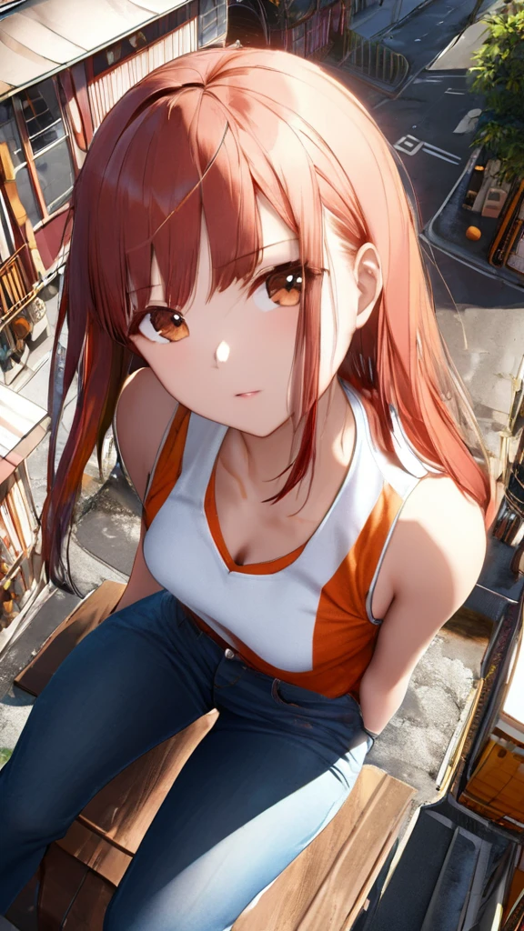 (jitome:5.0), from above, (masterpiece:1.3)), (best quality:1.3),(ultra detailed:1.4),(extremely detailed),(absolutely resolution:1.3) ,absurdres,8k, 1girl, long hair, multicolored hair, tanktops, jeans,