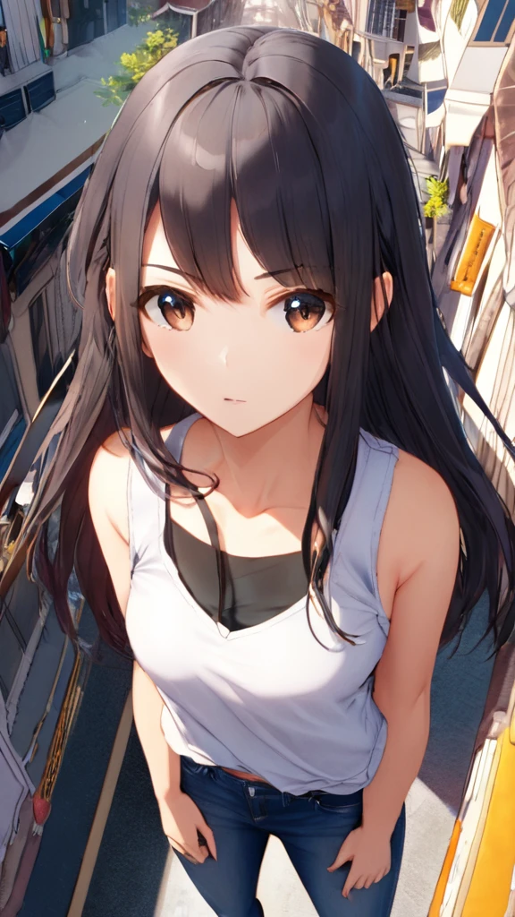 (jitome:5.0), from above, (masterpiece:1.3)), (best quality:1.3),(ultra detailed:1.4),(extremely detailed),(absolutely resolution:1.3) ,absurdres,8k, 1girl, long hair, multicolored hair, tanktops, jeans, 