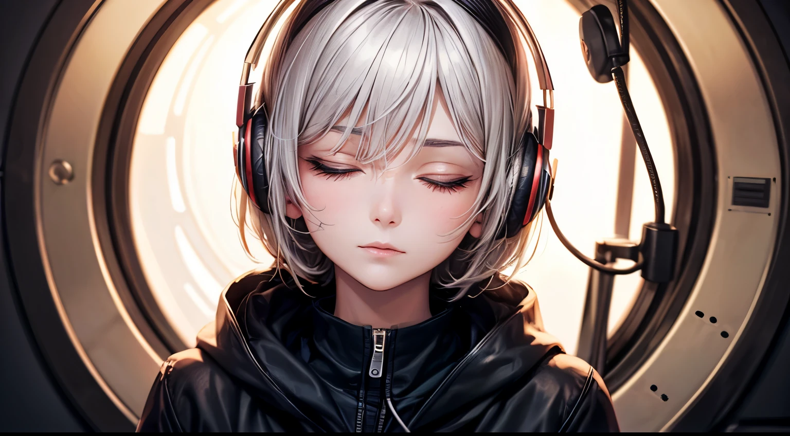 Woman with eyes closed Calm expression Gray Hair Very Short Hair Wearing headphones night moon Perfect facial expression Perfect hair description Depicting the upper Body Night