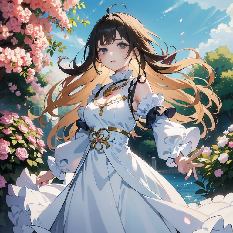 anime girl in white dress with long hair and a chain around her neck, cushart krenz key art feminine, official art, official anime artwork, cute anime waifu in a nice dress, high detailed official artwork, detailed key anime art, ayaka genshin impact, official artwork, beautiful maiden, epic light novel art cover, anime key visual of elegant