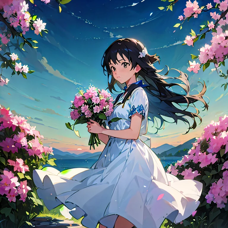 anime girl in white dress holding flowers in front of a lake, anime style 4 k, anime art wallpaper 8 k, with flowers, official artwork, 4k anime wallpaper, anime moe artstyle, anime art wallpaper 4 k, anime art wallpaper 4k, official art, anime wallpaper 4 k, anime wallpaper 4k, ( ( makoto shinkai ) )