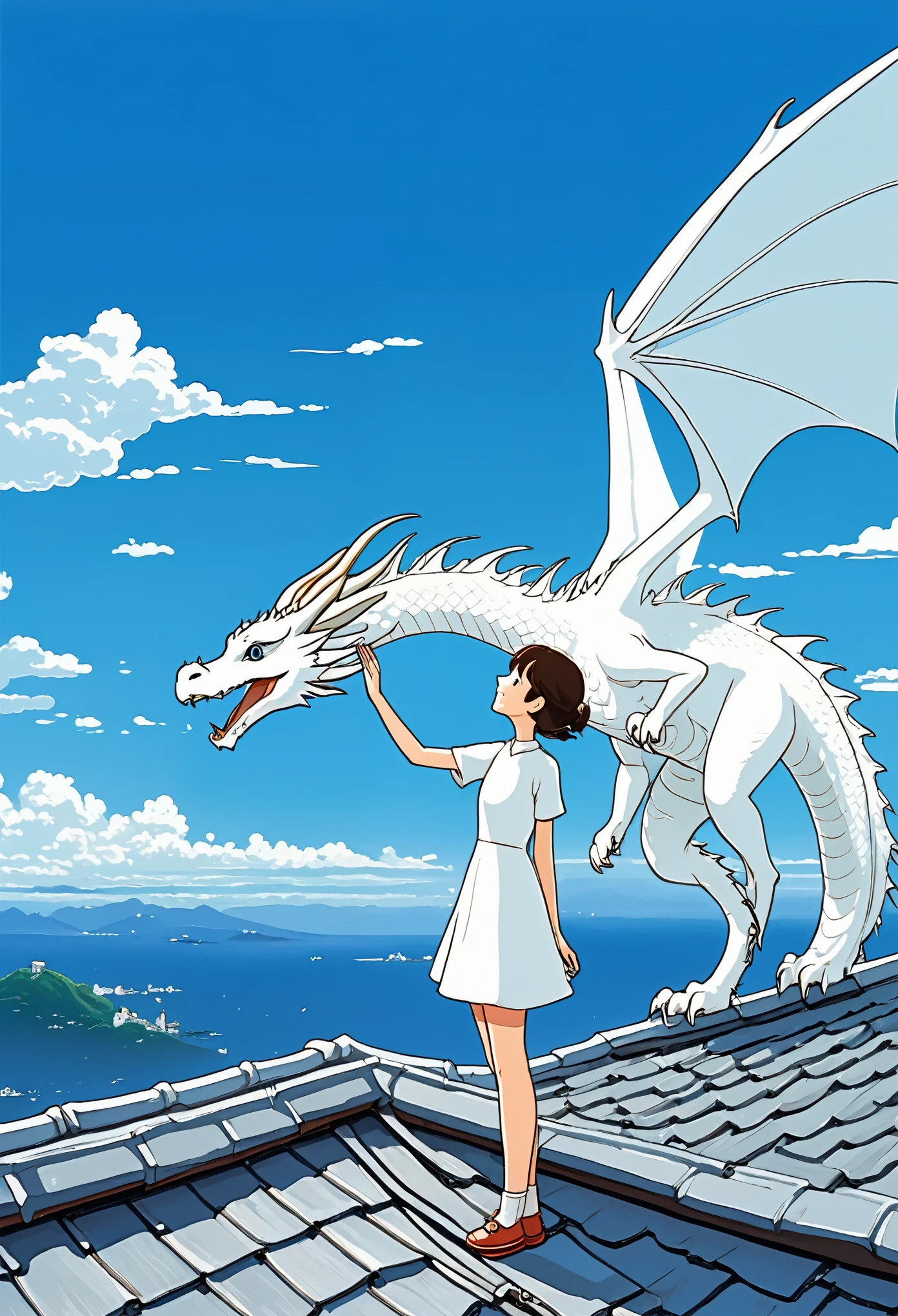 (Masterpiece, best quality, official art), Illustration of a girl standing on a roof, holding her hand up to touch a white dragon's nose, in the style of Ghibli, gongbi painting style, flat illustration, simple, cute, fantasy background, full body shot, wide angle view, blue sky, high resolution, high details, high quality. 