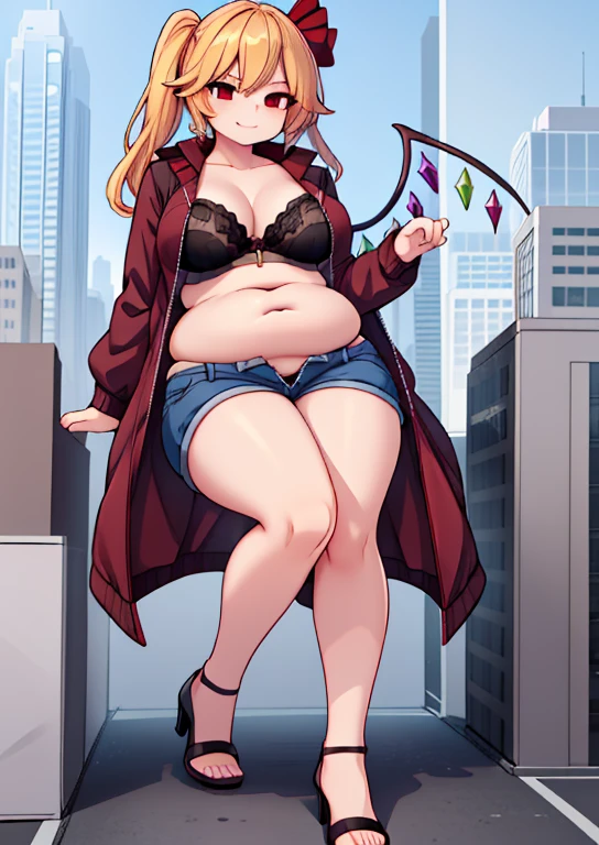 (masterpiece, best quality, highly detailed), 1girls, big belly, huge belly, art by kipteitei, round belly, chubby, curvy, belly grab, enormous belly, fat belly, thicc, bigger belly, really big belly, jiggly belly, glasses, unzipped jacket, (no shirt), bra, thight shorts, high heels, smug face ((full body)), long hair, ((dominant)), (((((mommy))))), (giantess), Flandre scarlet