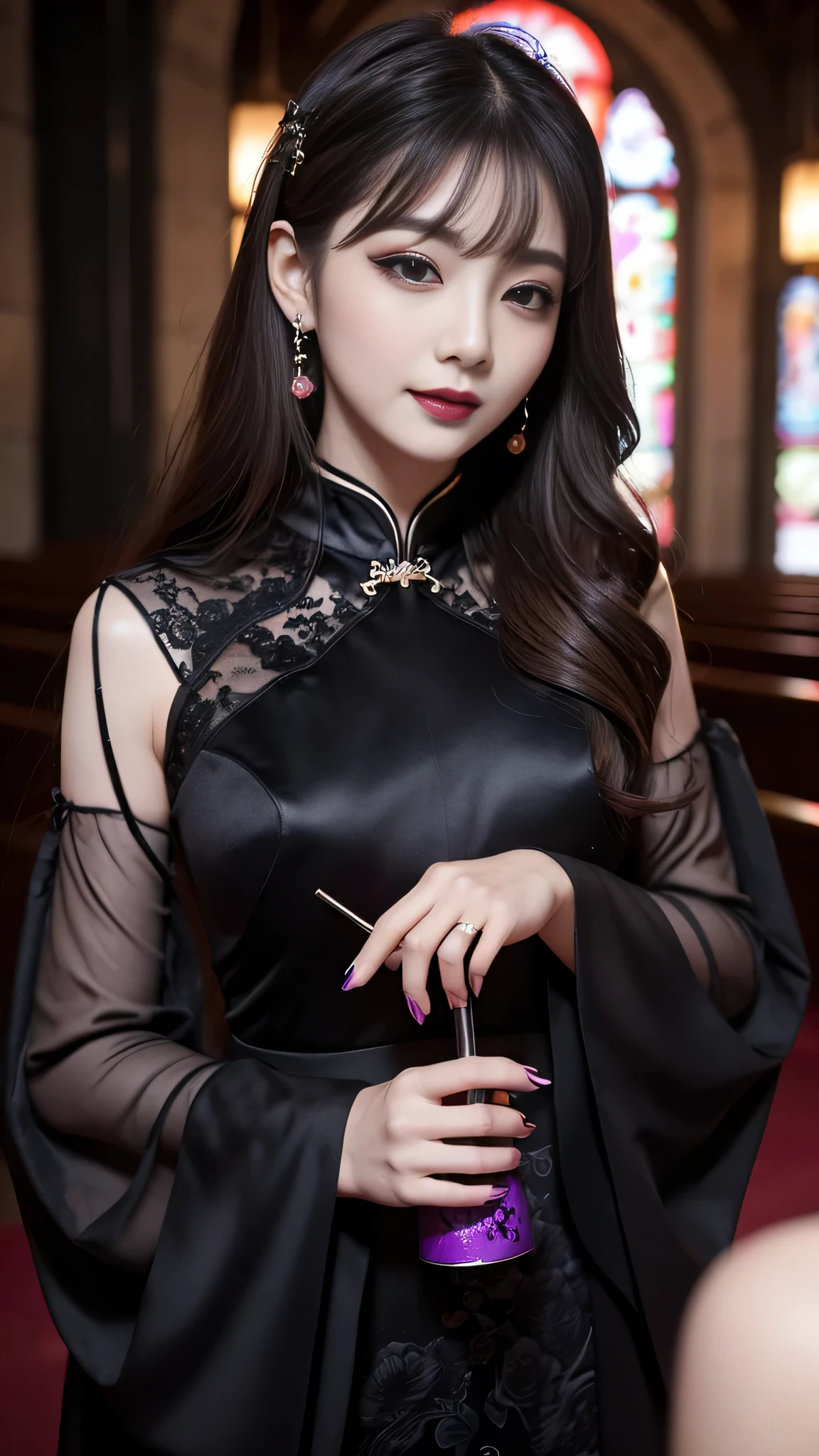 2girls、best quality、ultra-detailed、4k、Japanese、Seductive beauty、seductive adult woman、Pretty Woman、cool girl、Villainess、Brainwashed、brainwash、Fallen into evil、smirk、Evil look、Wicked Smile、evil、Brown hair、wavy hair、swept bangs、dark makeup、dark makeup、piercing eyes、hollow eyes,half-closed eyes、Hollow Eyes、Purple Eyeshadow、black lipstick、black lipgloole around the mouth、Long Black Cheongsam、Wide sleeves、night、inside church、makeup brush、Are standing、Rose tattoo、