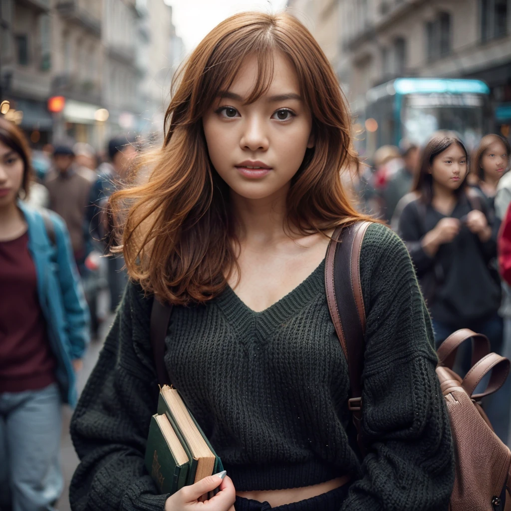 (strong chiaroscuro:1.2), half-body shot of a ginger girl,1 girl, asian features, beautiful detailed eyes, beautiful lips, extremely detailed eyes and face, dynamic pose, expressive facial expression, stylish, dark green knitted sweater, black short pants with a backpack, holding some books, ultra-realistic, high def, studio lighting, vivid colors, blurred crowded people and buildings in the background