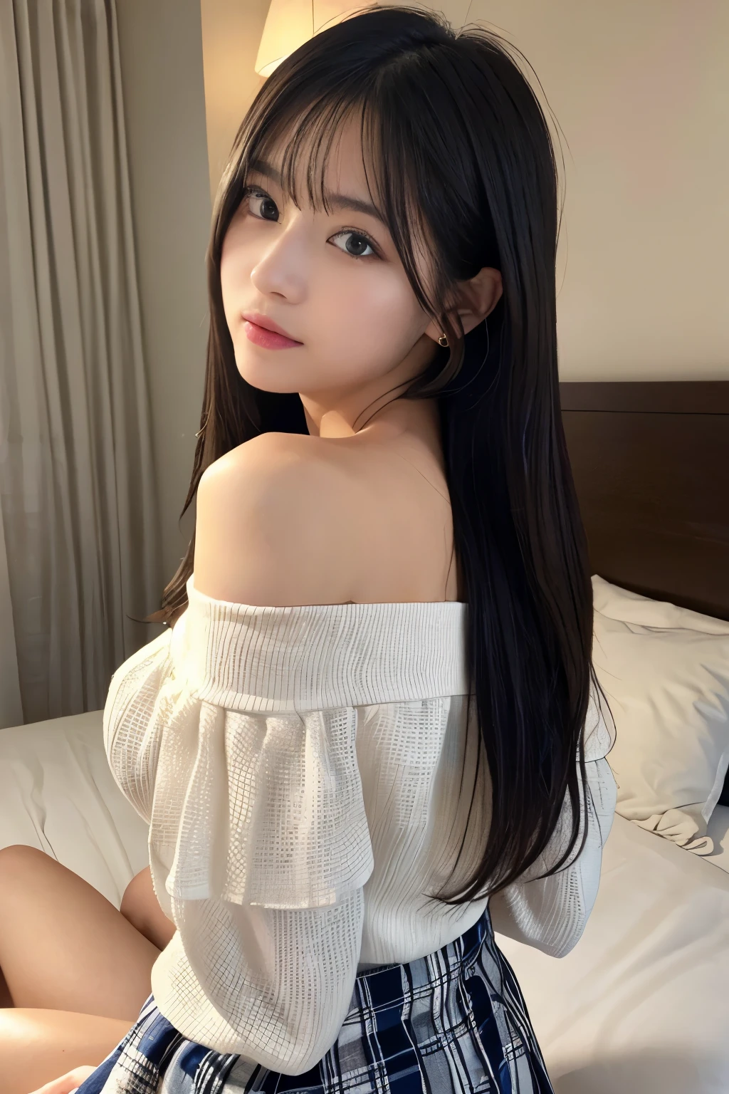 ( Girl lying on bed)，Attractive eyes，Heartwarming action，Please turn away from the camera，Bent over，bend over，Turn back，Look up your head，Thick and long black hair，very elaborate body，Highly detailed face，highest quality、(naked),(high school girl),((Off-the-shoulder semi-transparent white blouse)),(Division adjustment),((Navy Check Flared Skirt)),(naked)、全naked、naked、全naked、Sexy Pose、naked