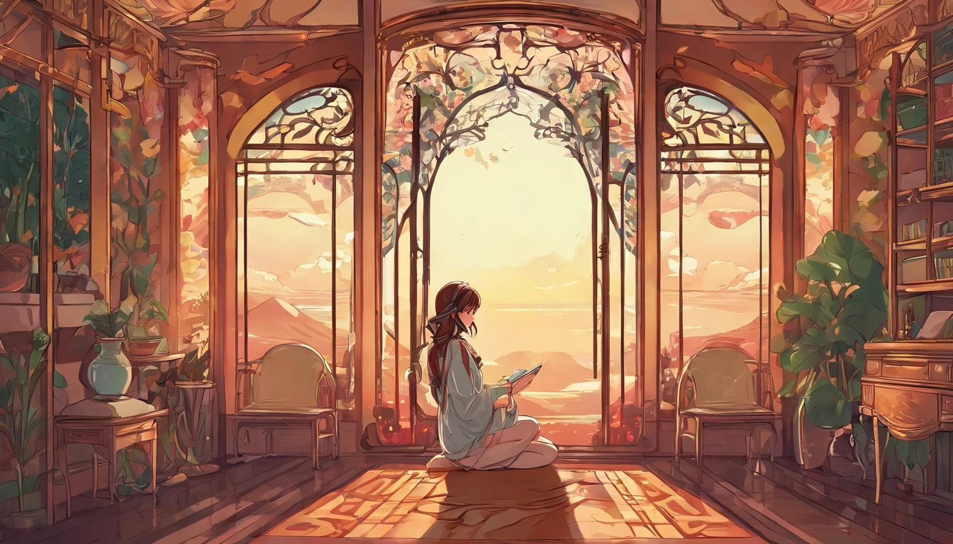 morning、Girl sitting and listening to music in a cozy room, Using headphones, Anime-style 2D, Lo-Fi, hard disk, Bright sunshine
