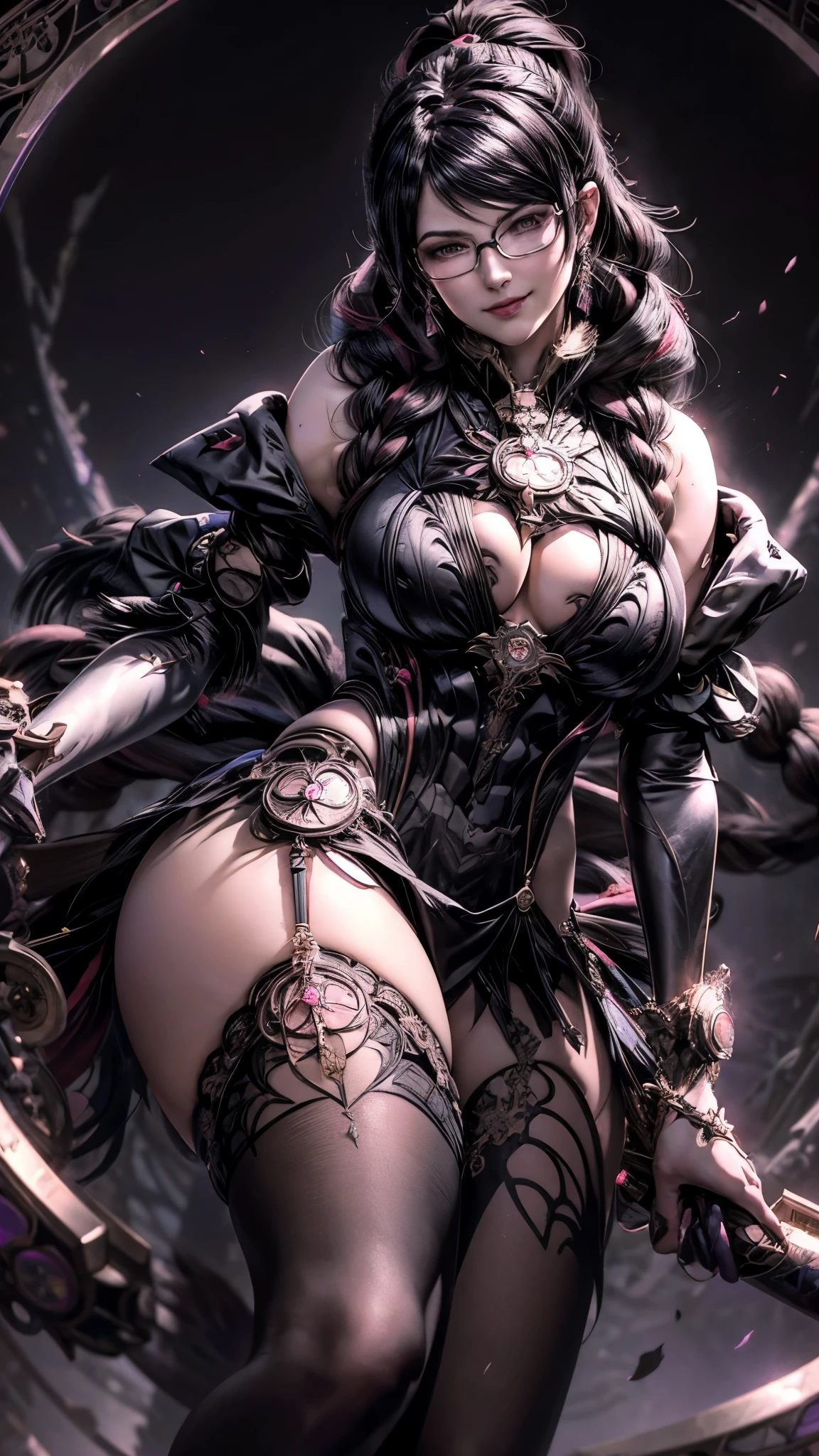 Bayonetta, large breast, thick thighs, curvy body,1girl,solo,heavy makeup,cute,earrings,ring braid,(lewd smile:1.1),holding mechanical sword,ponytail,idol,hooker, Bayonetta's uniform,(battleground:1.1),