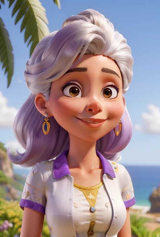 Obra-prima, de melhor qualidade, jovem, mulher. de 24 anos, com cabelo cacheado abaixo do ombro, pele parda, silver accessories and lilac and white clothes, vendendo um produto natural chamado DOTERRA