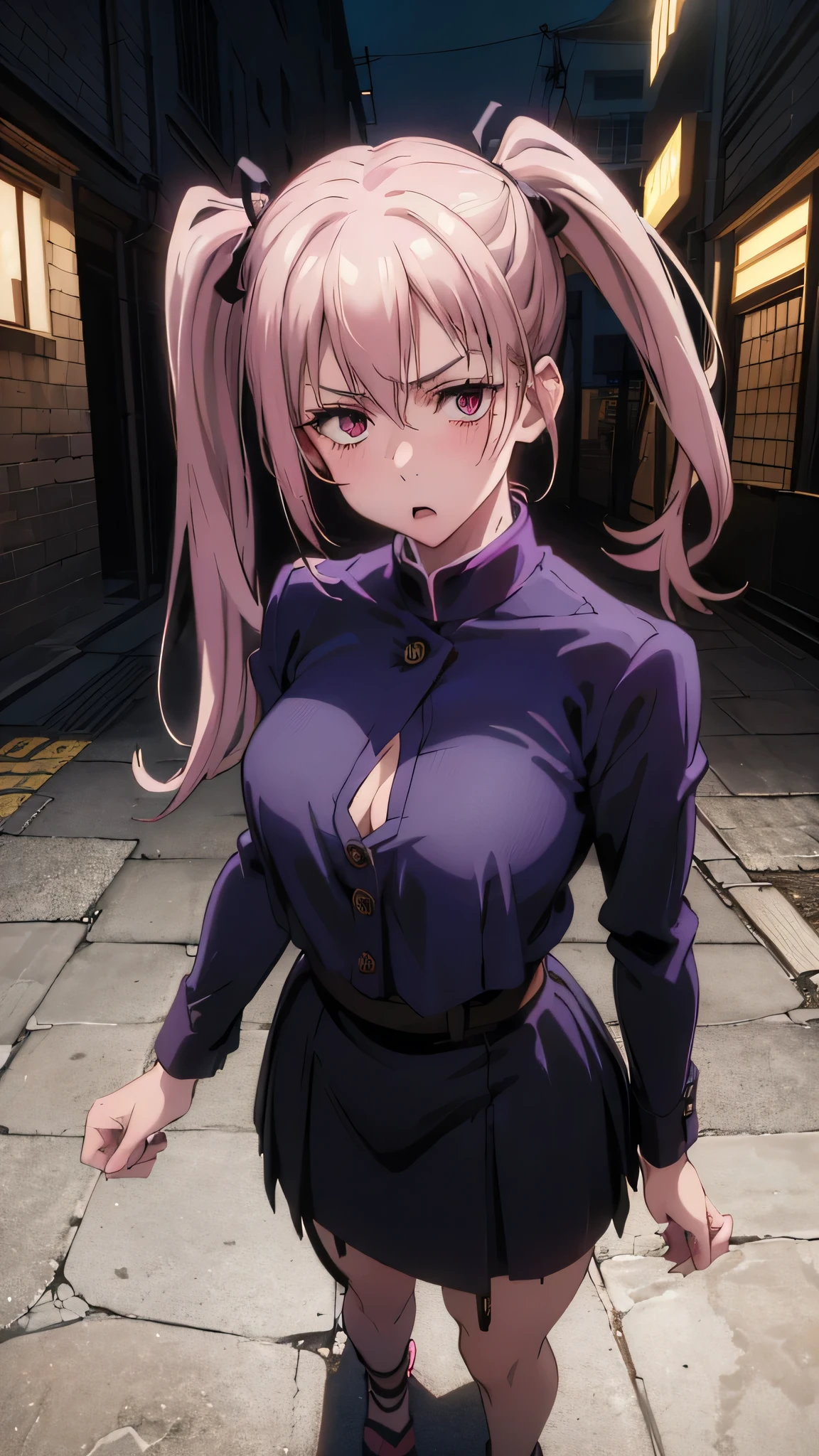 All intricate details: "(masterpiece, best quality, Nobara Kugisaki- anime: Jujutsu Kaisen, 1girl, solo, blush, twintails, long hair, hair between eyes, ((very short street wear very short clothes)), city, outdoors, night, extremely detailed, firm breasts, medium breasts, smooth, high resolution, ultra quality, extremely thin and light clothing transparent as air, cinematic lighting, ambient occlusion, extremely detailed anime, Extremely wide diamond neckline, all clothes unbuttoned and open, detailed faces, perfect composition, wide shot, atmospheric lighting, very sexy, lift skirt, random low angle, uncensored, nsfw)