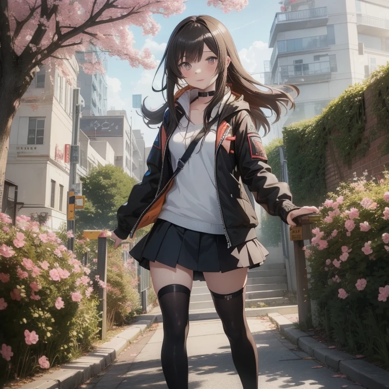anime girl in a short skirt and jacket standing on a sidewalk, beautiful anime high school girl, girls frontline style, girls frontline cg, smooth anime cg art, attractive anime girl, anime style 4 k, an anime girl, anime visual of a cute girl, female action anime girl, young anime girl, best anime 4k konachan wallpaper, anime best girl