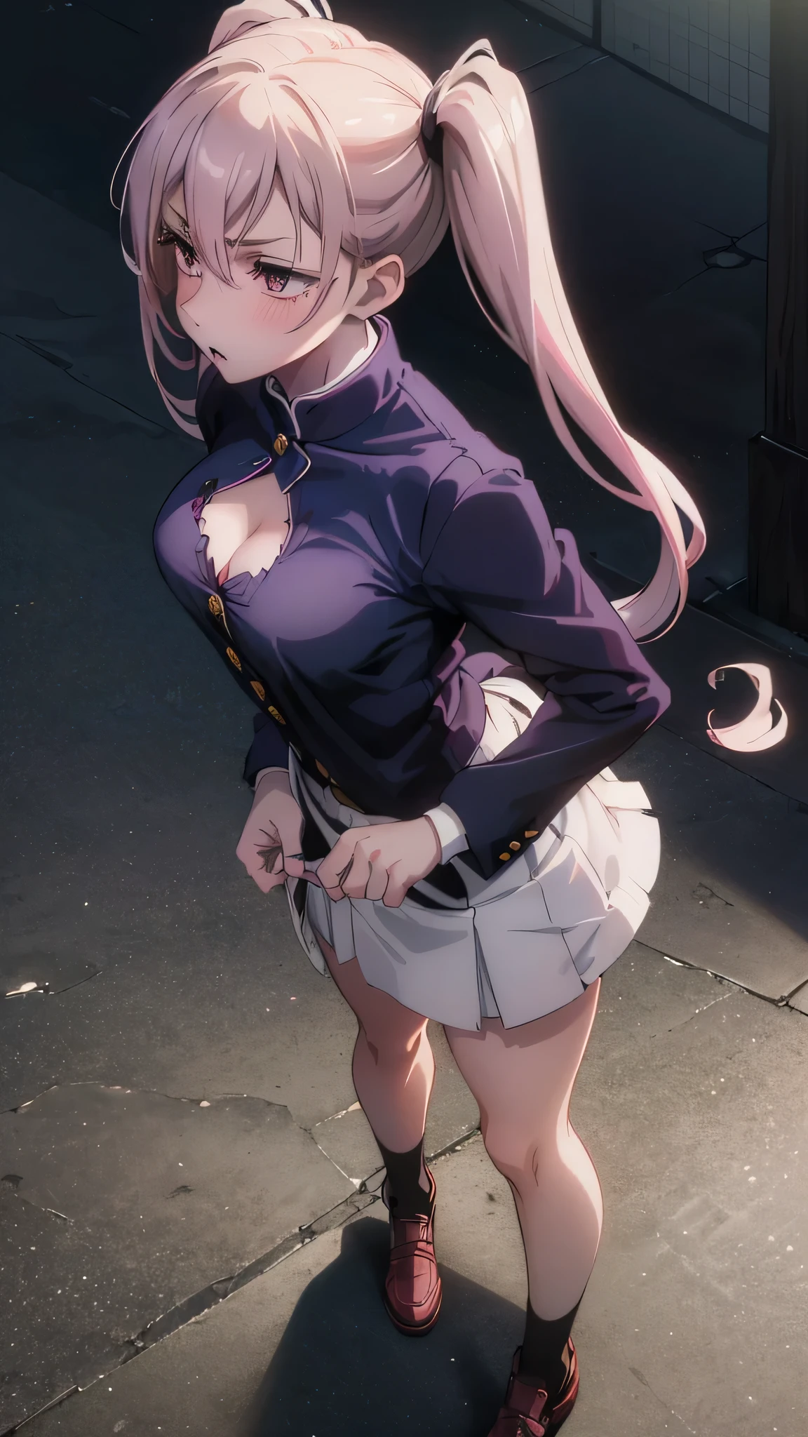 All intricate details: "(masterpiece, best quality, Nobara Kugisaki- anime: Jujutsu Kaisen, 1girl, solo, blush, twintails, long hair, hair between eyes, ((very short street wear very short clothes)), city, outdoors, night, extremely detailed, firm breasts, medium breasts, smooth, high resolution, ultra quality, extremely thin and light clothing transparent as air, cinematic lighting, ambient occlusion, extremely detailed anime, Extremely wide diamond neckline, all clothes unbuttoned and open, detailed faces, perfect composition, wide shot, atmospheric lighting, very sexy, lift skirt, random low angle, uncensored, nsfw)