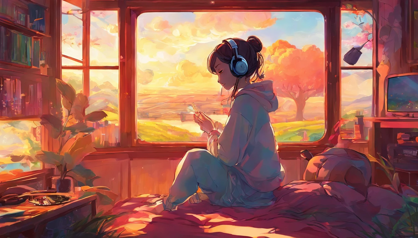 morning、Girl sitting and listening to music in a cozy room, Using headphones, Anime-style 2D, Lo-Fi, hard disk, Bright sunshine