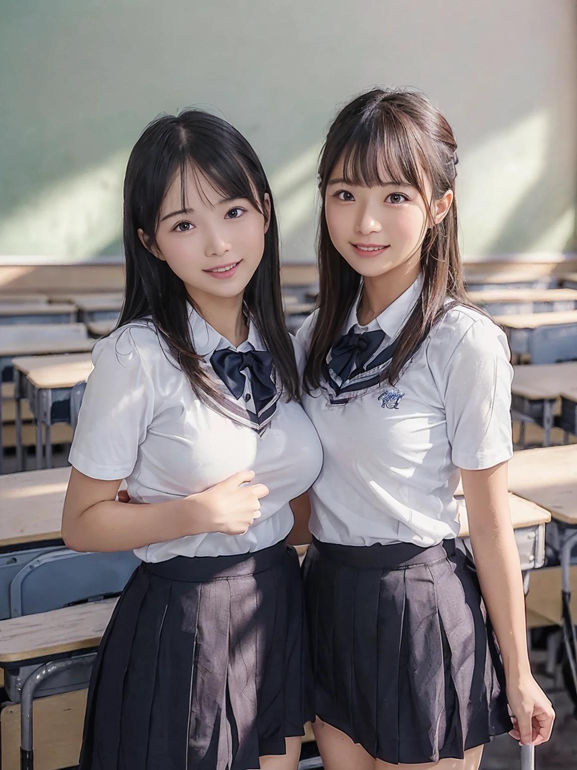 (8K,RAW Photos,highest quality,masterpiece:1.5),(Watching the audience:1.5),smile,Black Hair,(live-action:1.5),(Realistic expression:1.5),(middle School girls:1.5),(School uniform:1.5),(The background is an empty classroom:1.5),(Young face:1.4),(Big Breasts:1.5),Showing beautiful teeth,(Two Girls:1.6)