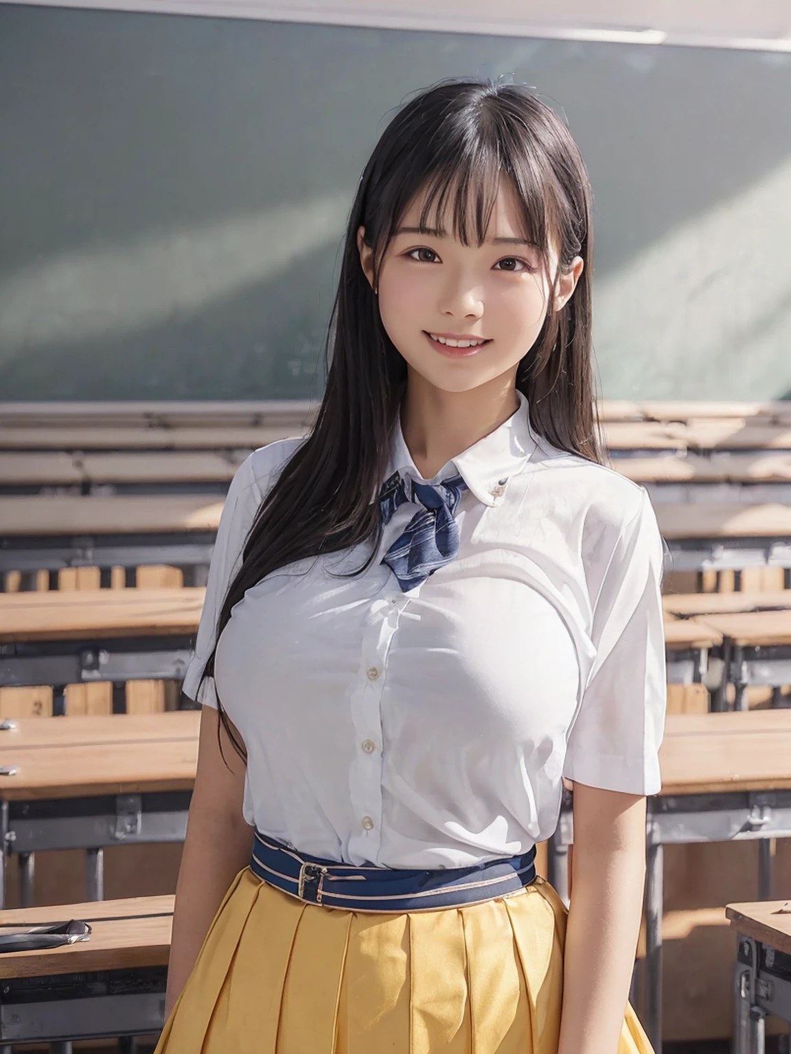 (8K,RAW Photos,highest quality,masterpiece:1.5),(Watching the audience:1.5),smile,Black Hair,(live-action:1.5),(Realistic expression:1.5),(middle School girls:1.5),(School uniform:1.5),(The background is an empty classroom:1.5),(Young face:1.4),(Big Breasts:1.5),Showing beautiful teeth,(Two Girls:1.6)