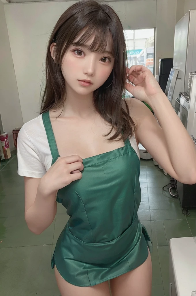 one girl, (a beauty girl, delicate girl:1.3), (, :1.3), break, (shirt, Green apron, family mart:1.3), panties, break, Extremely fine grain resolution, (Symmetrical eyes:1.3), break, (Inside a convenience store:1.3), perfectly trimmed fingers, break, Small breasts, Brown eyes, Parted bangs, brown hair, girl, break, (Eye and facial details:1.0), break, (masterpiece, highest quality, Ultra-detailed, Detailed face, 8K)