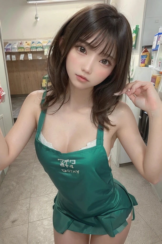 ((best image quality、8k、masterpiece:1.3))、sharp fock:1.2、beautiful woman with perfect body:1.4、((layered haircut、small breasts:1.2))、(starbucks dark green apron:1.2)、(Inside the Starbucks store:1.2)、No bra under the apron、wet body:1.1、Highly detailed face and skin texture、 fine eyes、double eyelid、肌のsunburn、sexy、sunburn、body facing the viewer、