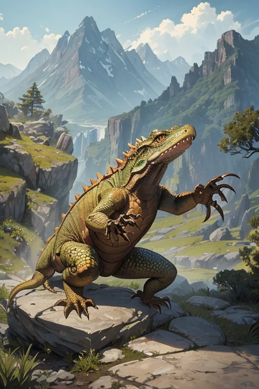 great bronze lizard monster on a rocky slope, roaring