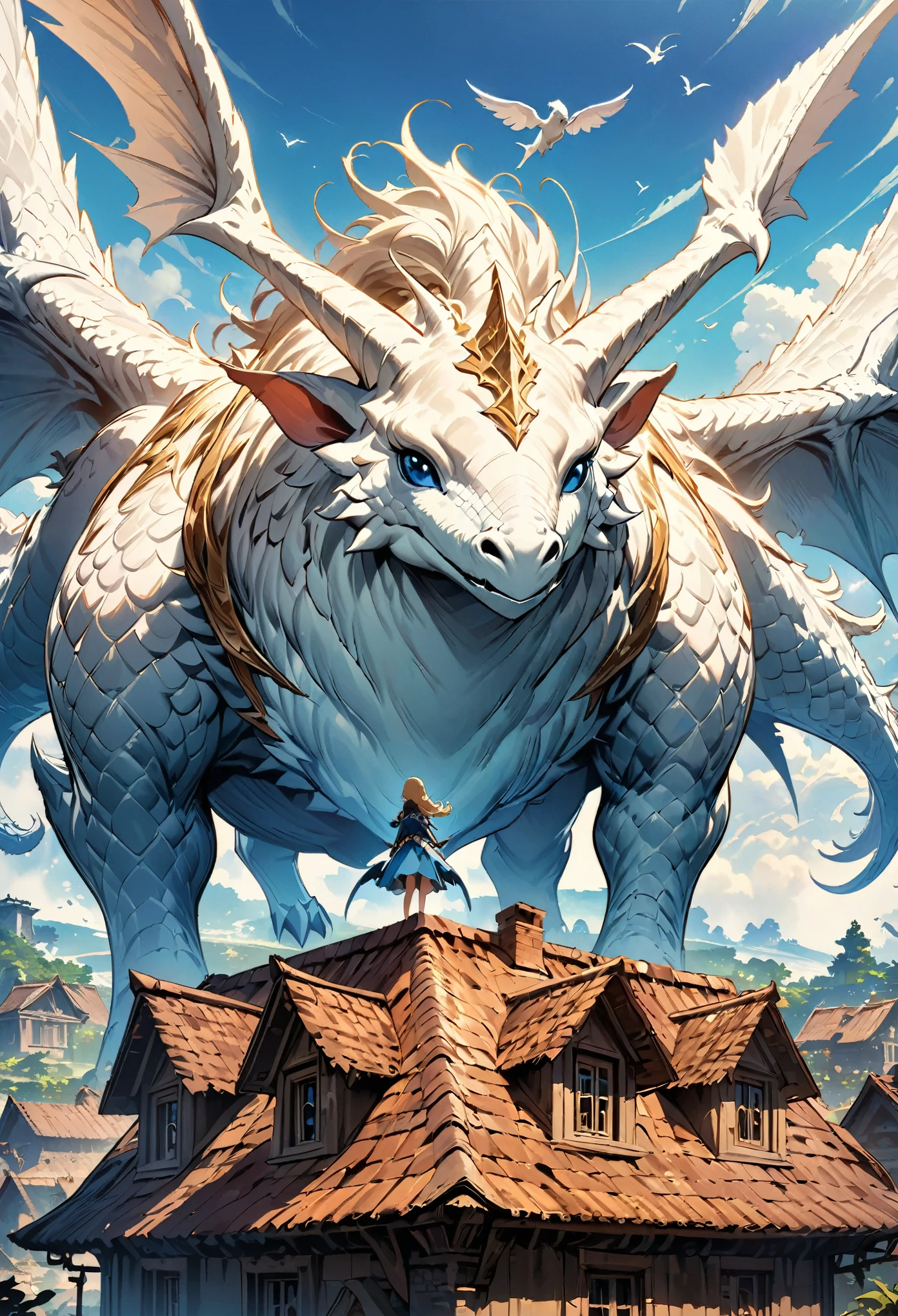 (Masterpiece, best quality, official art), A girl standing on the roof of her house, petting and playing with an enormous white dragon that is about to fly through the sky, simple flat illustration style, in the style of , , fantasy, fantastic world, fantastic creature, simple background, beautiful blue skies, cinematic, epic composition, epic scene, high details.