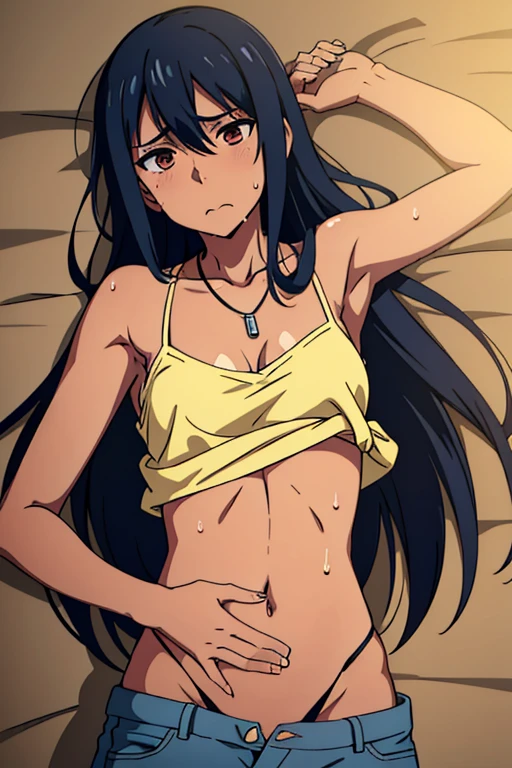 tan skinned anime woman wearing a cami top and jeans, famished in hunger, (necklace), (gently resting hands on stomach), (sweating), (lying down), (long hair), (hands on stomach)