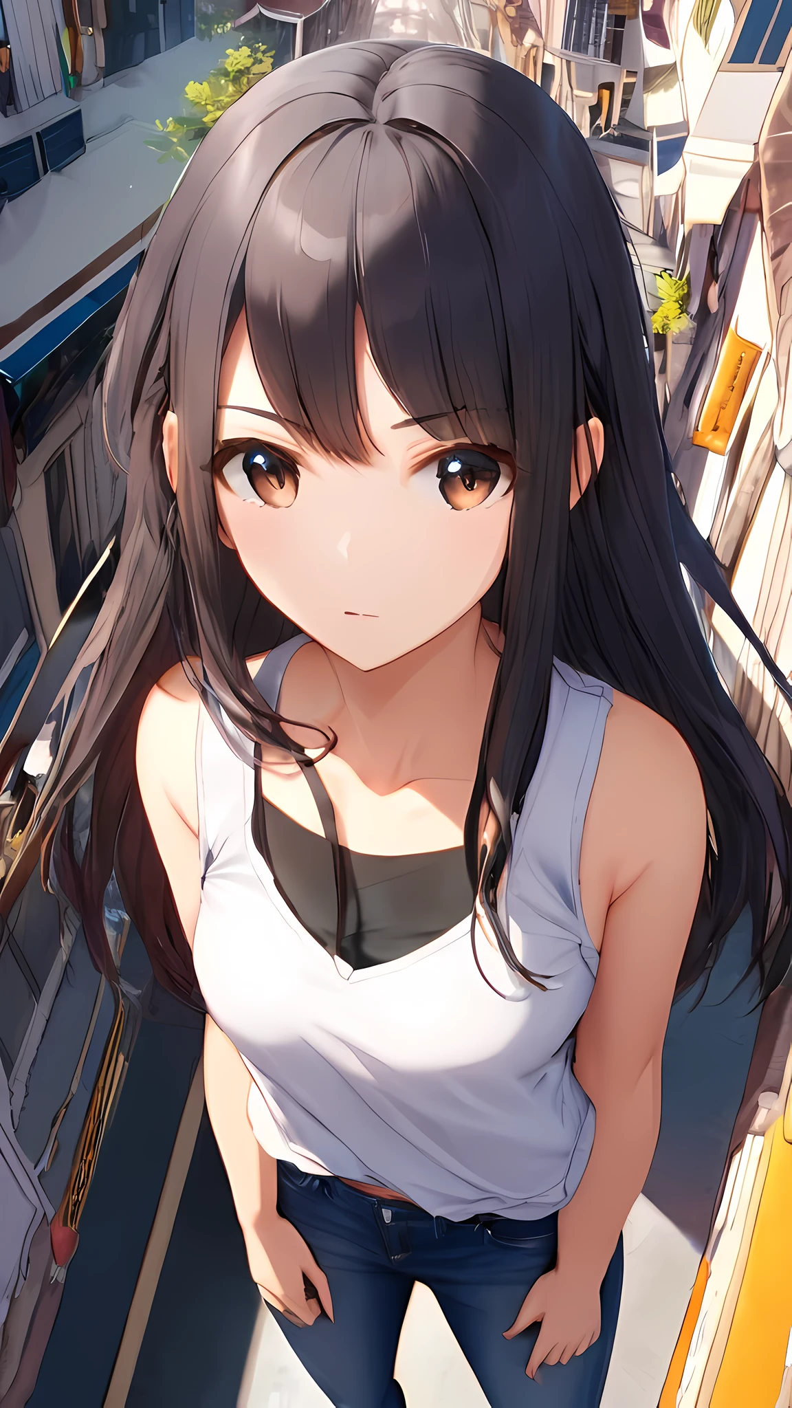 (jitome:5.0), from above, (masterpiece:1.3)), (best quality:1.3),(ultra detailed:1.4),(extremely detailed),(absolutely resolution:1.3) ,absurdres,8k, 1girl, long hair, multicolored hair, tanktops, jeans,