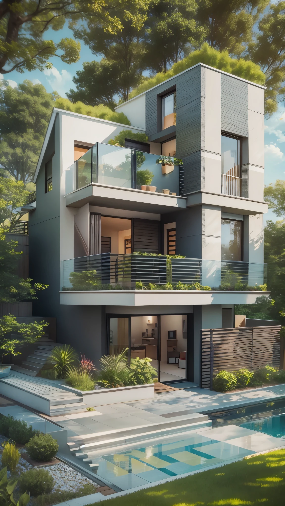 Modern two-story house with green areas