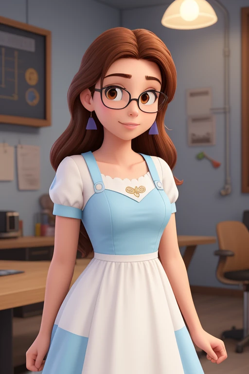 Desenhe estilo pixar ou Disney Uma mulher de 28 anos, pele clara com longos cabelos castanhos escuros , Rosto redondo, sorriso encantador, e olhos castanhos, em uma sala de fundo azul claro, studio lighting, Production Engineering Student . She is wearing a light-colored pinup dress., tem cintura fina e seios fartos, wears black-framed glasses with clear lenses