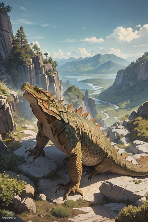 great bronze monstrous lizard on a rocky slope, roaring komodo