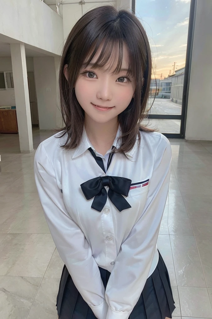 (highest quality,8K quality,masterpiece:1.3),(Ultra-high resolution,Photorealistic:1.4,Raw photo),(Very detailed,Caustics,Detailed Background),(Ultra-Realistic Capture,Beautiful, smooth skin,Perfect Anatomy),At dusk,Sunset sky,School building,Schoolyard,18-year-old,cute,single eyelid,Black short bob,School Blazer Uniform,Look at the camera,Laughter,Bust up shot,Natural soft light