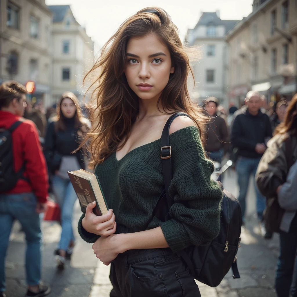 (strong chiaroscuro:1.2), half-body shot of a ginger girl,1 girl, european features, beautiful detailed eyes, beautiful lips, extremely detailed eyes and face, dynamic pose, expressive facial expression, stylish, dark green knitted sweater, black short pants with a backpack, holding some books, ultra-realistic, high def, studio lighting, vivid colors, blurred crowded people and buildings in the background