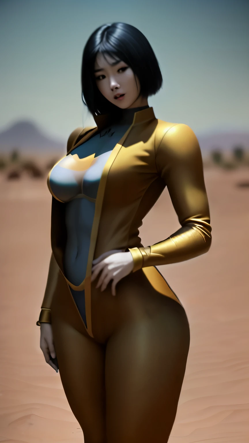 In this 8k CG masterpiece, a stunningly  beautiful Asian woman with detailed defined hourglass body, role-playing using vaultsuit and pipboy3000 on wrist, wearing the vaultsuit, medium size breasts, thin waist, plump buttocks stands proudly amidst the arid wasteland,