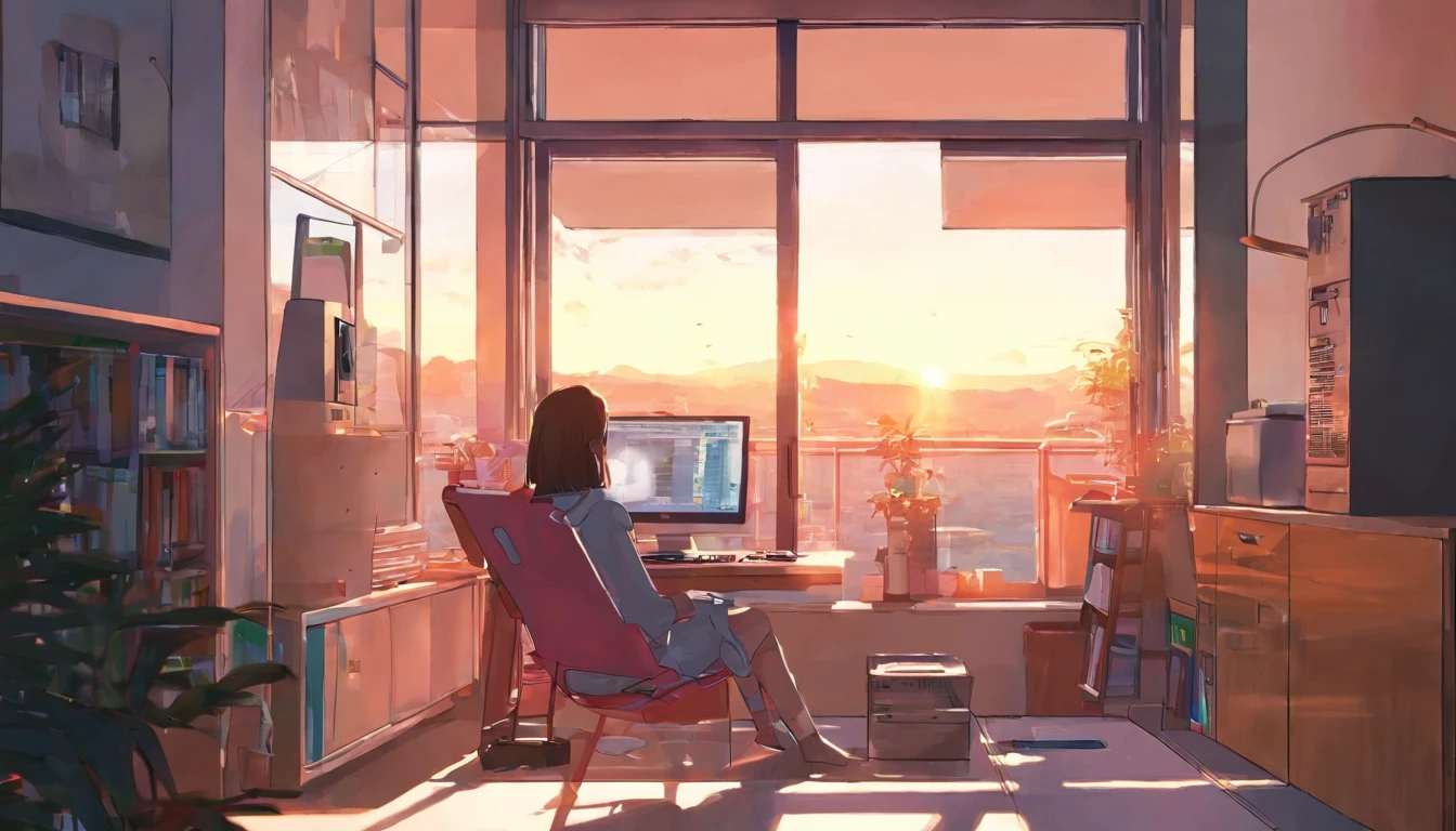 morning、Girl sitting and listening to music in a cozy room, Using headphones, Anime-style 2D, Lo-Fi, hard disk, Bright sunshine