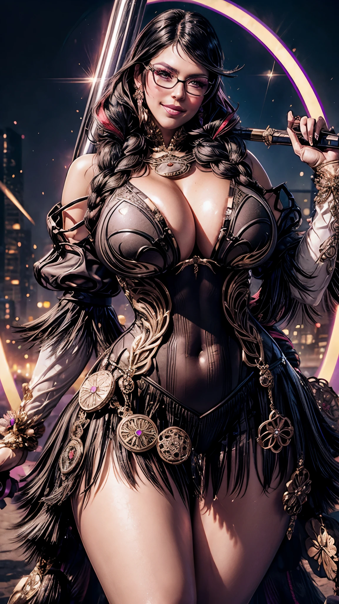 Bayonetta, large breast, thick thighs, curvy body,1girl,solo,heavy makeup,cute,earrings,ring braid,(lewd smile:1.1),holding mechanical sword,ponytail,idol,hooker, Bayonetta's uniform,(battleground:1.1),