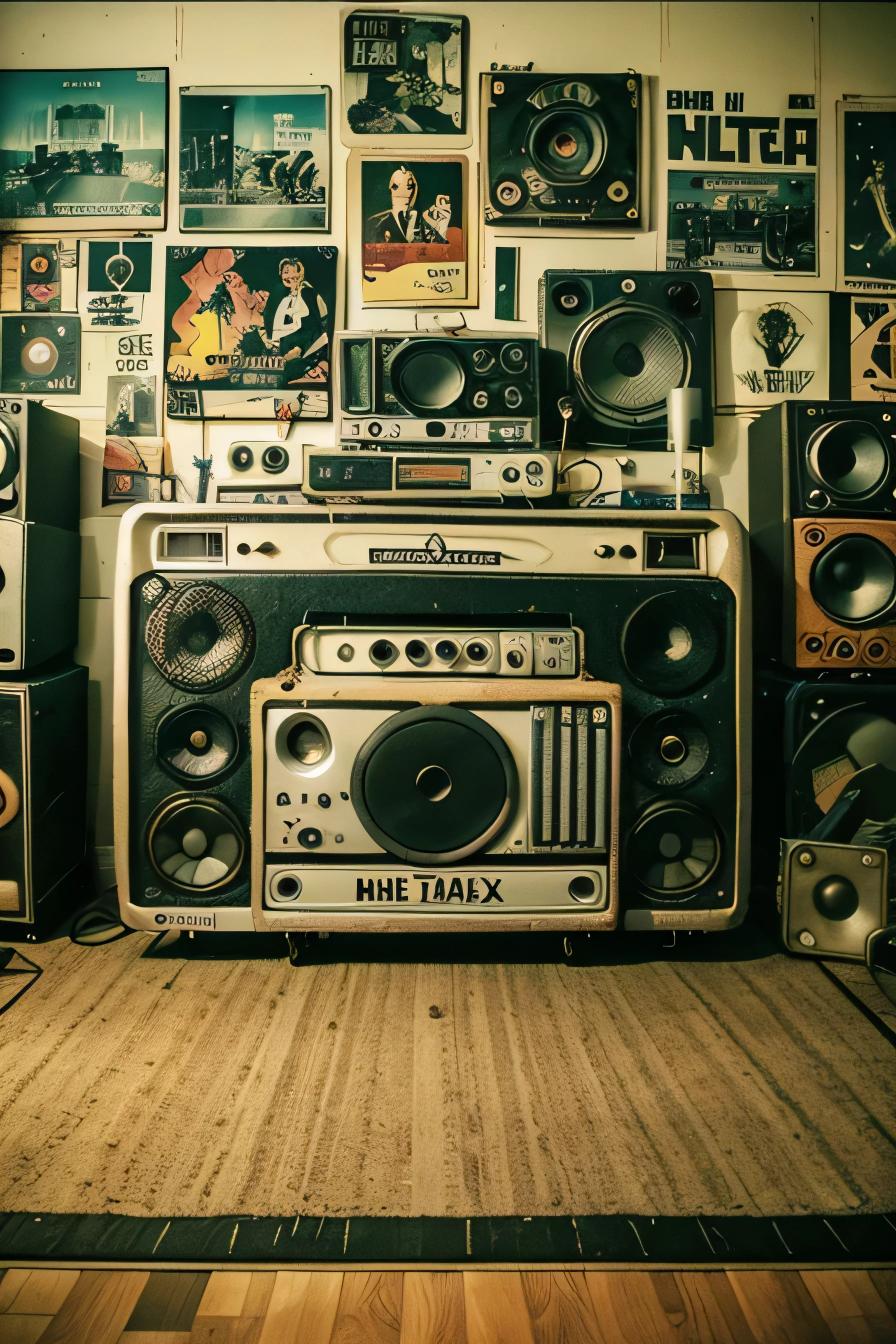 A room from the 80s, where nostalgia mixes with the emotion of the era of classic post punk musical bands of the time. A bulky boombox radio takes center stage in the room, with many cassettes on the floor ready for use. The floor is covered in thick, worn carpet, and posters of retro post-punk bands adorn the walls.