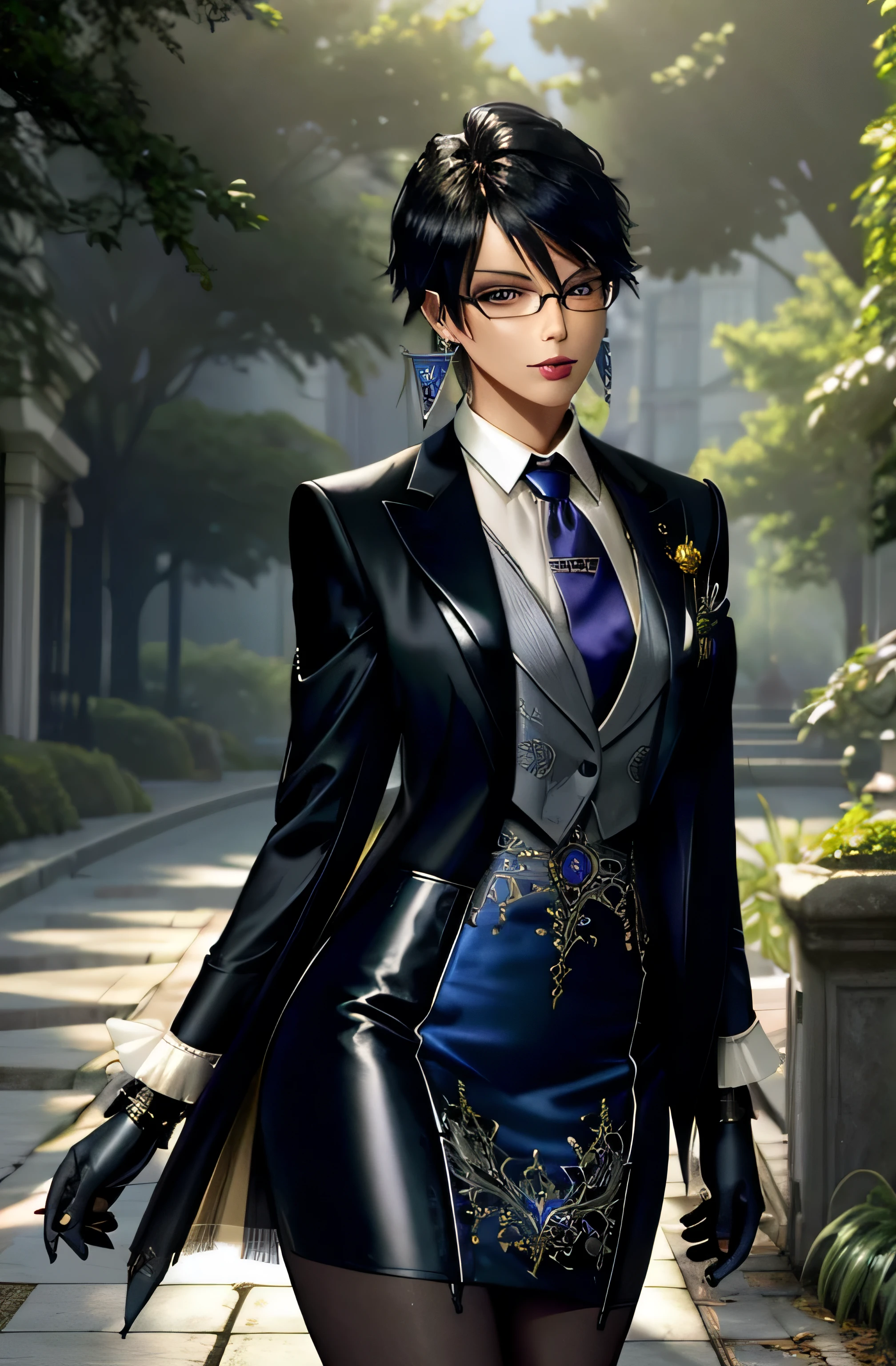 ((masterpiece)),((best quality)),((absurdres)),((ornate)),cowboy_shot,(straight-on),dynamic_pose,bayonetta_2_shorthair_aiwaifu,aiwaifu,black_hair,silver_eyes,jewelry,glasses,earrings,mole_under_mouth,makeup,short_hair,lipstick,lips,gloves,alternate_hair_length,breasts,black-framed_eyewearwhite_gloves,eyeshadow,semi-rimless_eyewear,toned,curvy, narrow waist, solo,mature_female,looking_at_viewer,architecture,garden,stream,outdoors,gradient_sky,twilight,petals,magic,backlighting,light_particles,bokeh, blurry_background,colorful,(highres),(vanishing_point),(dappled_sunlight),(depth_of_field),(scenery),(realistic),(masterpiece), ((skirt suit)), suit and tie, (((three-piece suit))), silk dress shirt, (((shirt and tie))), (((shirt collar))), (((blue necktie))), ((blazer)), ((open blazer)), ((suit jacket)), (((waistcoat with lapel))), (dress shirt with white collar), ((bodycon miniskirt)), (((pencil skirt))), pantyhose, tights, stockings, tie clip, pocket square, tailored suit, (((cufflinks))), beautiful face, european face, (((sassy pose))), (((smug))), sultry, seductive