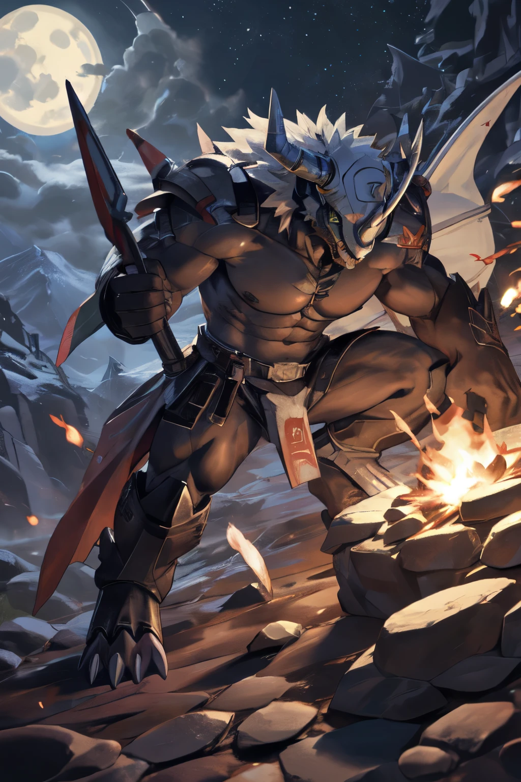 ((best quality)), ((masterpiece)), (detailed), giant wargreymon in battle, topless, playing with fire