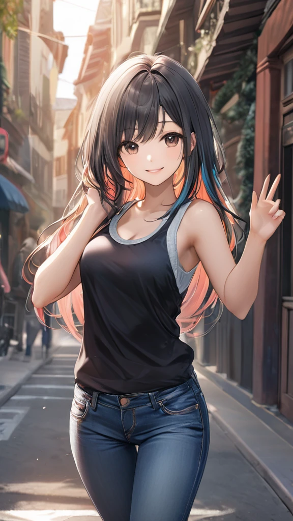 (masterpiece:1.3)), (best quality:1.3),(ultra detailed:1.4),(extremely detailed),(absolutely resolution:1.3) ,absurdres,8k, 1girl, smile, long hair, multicolored hair, tanktops, jeans, waving hand,