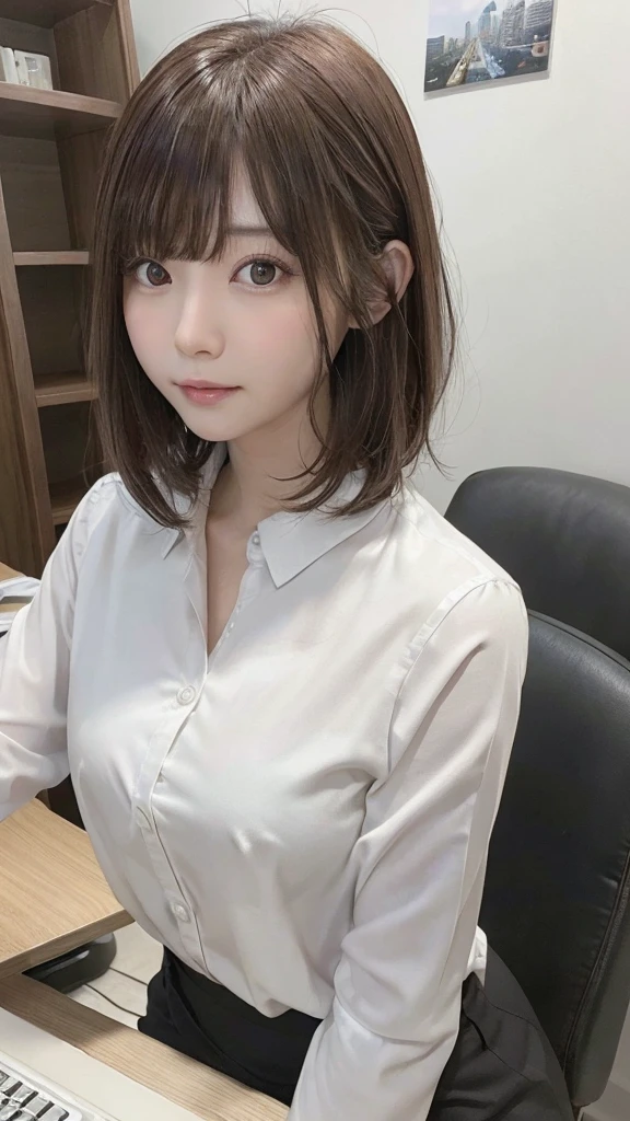 Tabletop, highest quality, Very detailed, finely, High resolution, 8K Wallpaper, Perfect dynamic composition, beauty、、Tap on the shoulder、Beautiful and detailed,Small face、Pure girl、thin、Thin body、thin、White business shirt、Natural color lip,office, Get to your desk、A lot of paperwork on the desk,、Operate a computer and do work、Hit the keyboard、My eyes are on the desktop、 brown hair、Short Bob、bangs、Beautiful breasts,thin体型、 Stern expression、