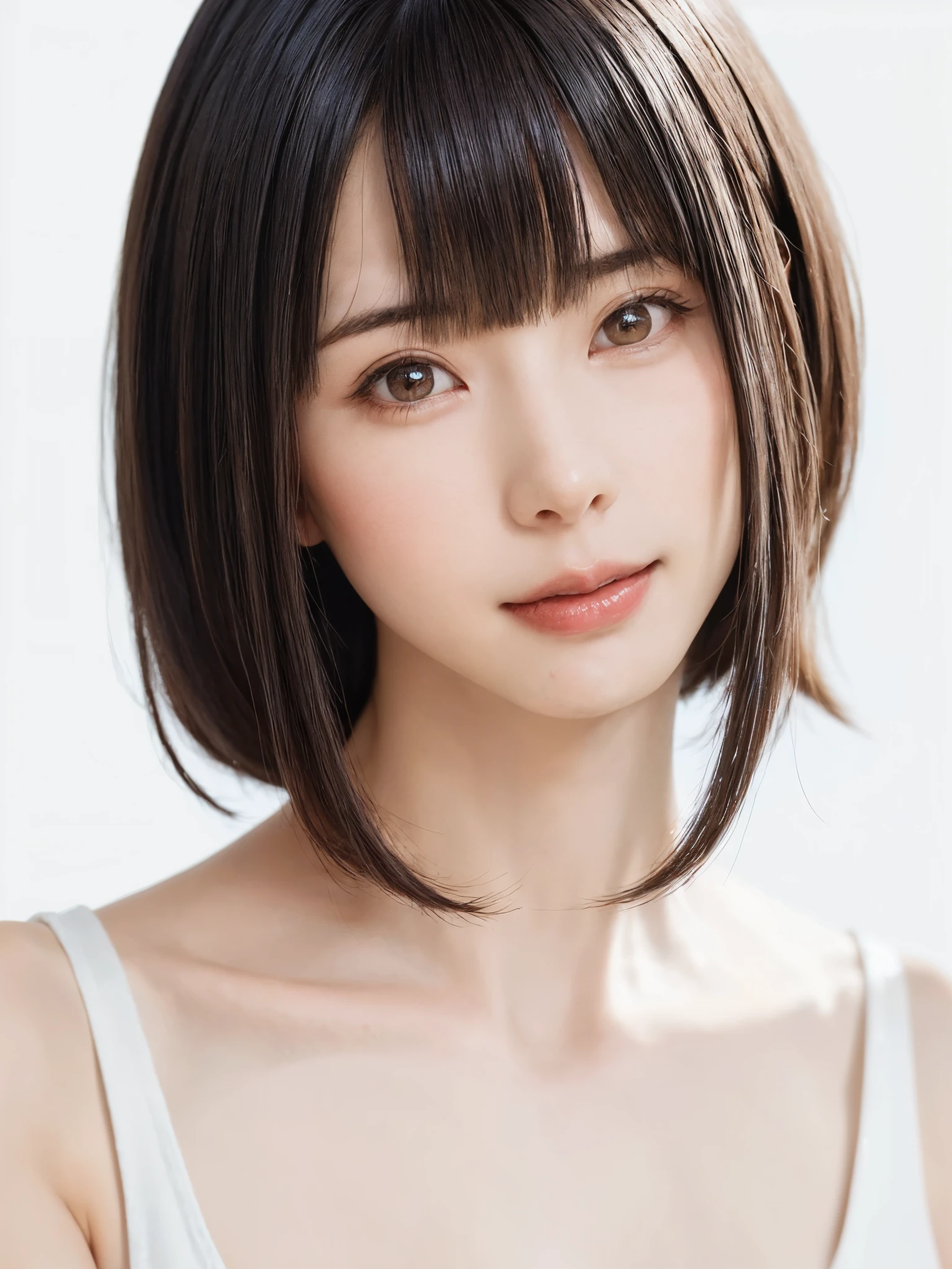 1 girl, alone, Shiny skin, chest, very detaileded, ultra detaileded, Ultra-high resolution, whole body, (Photorealism:1.4), (highest quality), (Best Shadow), Ulzzang-6500, detailed, Perfect lighting, Black Hair, ((Showpiece, highest quality, High precision)), One Girl, (big chest, Realistic: 1.4), (look up at the camera even a little, カメラをlook up, look up, look up at the camera, Looking into the camera))), alone, , White Background, snow-White Background, shut up., smile, pretty Black Hair, short hair:1.6, Big eyes, Transparent double eyelids, eyelash, listen, Long neck, Long neck, Absolute area, ((Face close-up, short hair with bangs)), 19 years old, Attractive proportions, Shiny skin, Beautiful clavicle, Golden ratio face, Perfect Face, Teardrop-shaped mole, chestのほくろ, bangs, clean bangs, beautiful bangs, Lip gloss, Thin lips, White skin, I took off my clothes, big chest, Small face, Small face, 少し上を向いてLooking into the camera, ((smile a little for the camera, really nothing pure White Background, Listen carefully、very big big chest, big chest))