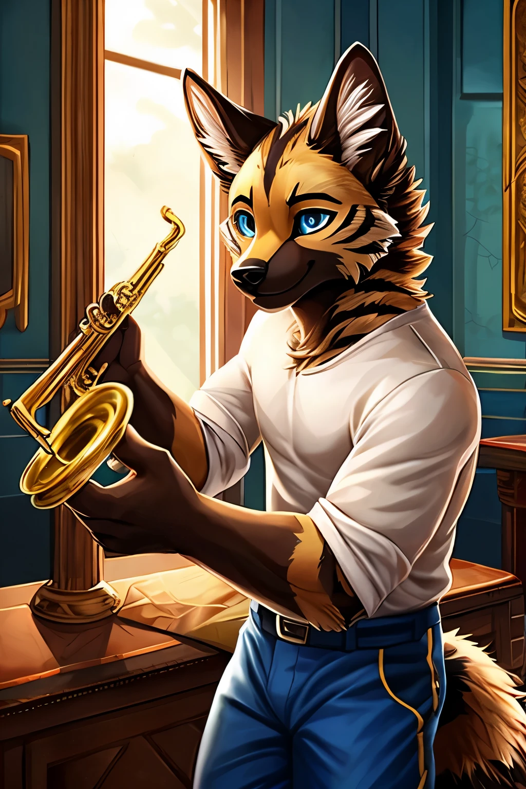 An Aardwolf, with its intricately detailed and expressive face and delicate, twinkling eyes, stands solo in the bright room, holding a trumpet against his muscular, furry frame. The Aardwolf, sporting a playful and happy expression, wears a white shirt and blue pants. His long snout curls around the brass instrument, lips pursed in concentration. With every blow of his four fingers against the valves, the room fills with a lively and jazzy melody. The scene exudes a joyful and lighthearted atmosphere, the details of the room reflected in his soft, blue eyes. The high-quality, ultra-detailed picture, craft