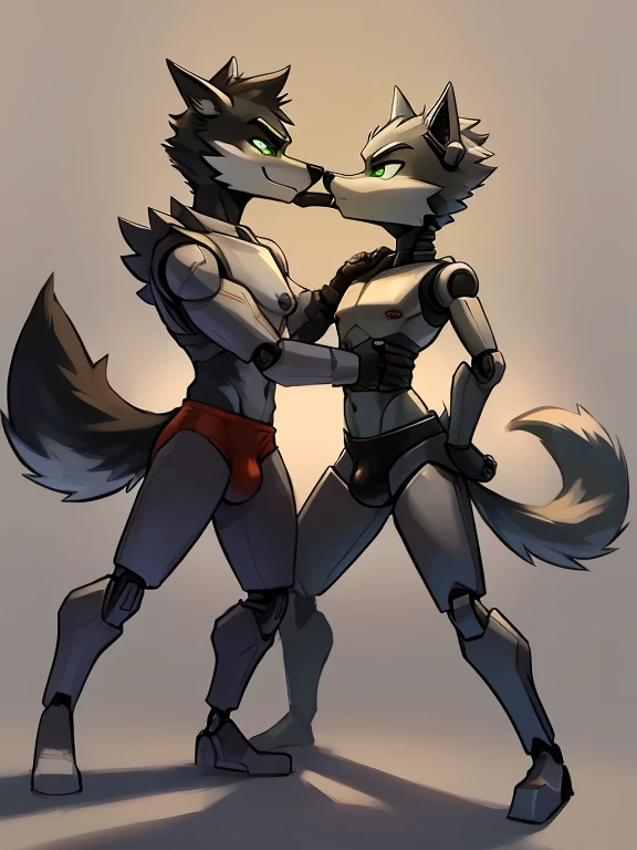 duo,Male, robot Gray wolf, detailed green eyes, long tail, big nipples, slim, sly, simple background, smirk, bulge, tail wrapping around body,((Fighting Stance)),((a robot wolf kissing an live wolf))