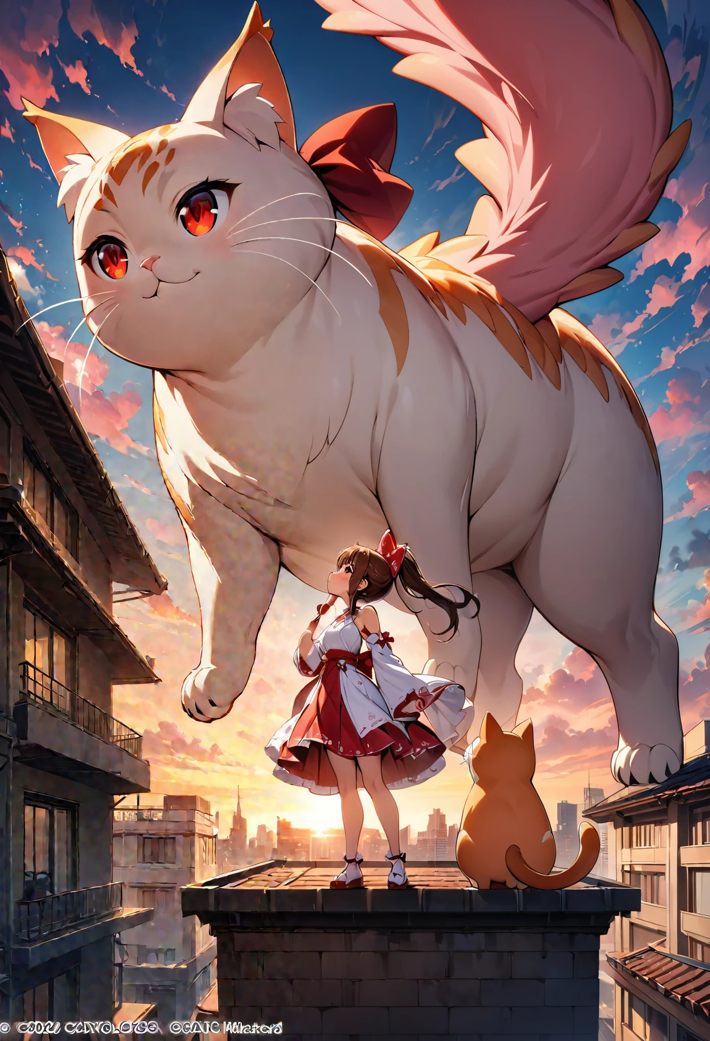 (Masterpiece, best quality, official art), A girl in a white dress stands on the roof of an apartment building, looking up at her giant cat friend that is as large as she and has red eyes, against a sunset sky with pink clouds,A cute girl and a huge dragon cat stand on the rooftop, shooting from the lowest point, kissing,1girl, solo, long hair, skirt, brown hair, bow, standing, ponytail, hair bow, detached sleeves, red bow, red skirt, animal, hair tubes, whiskers, oversized animal, hakurei reimu