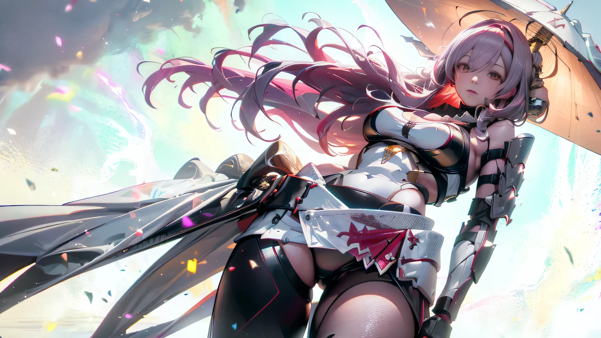 2 Samurai Girl , Twins ,Waist Long Light Violet Hair, Red Eyes, white leotard, white pants, bare shoulders, overskirt, hip vent, hat, kasa , scarletg, bodysuit, headpiece, half-skirt, belt, asymmetrical legwear, sheath, Battlefield, Mech, Robot, Debris, ((Best quality)), ((masterpiece)), 3D, HDR (High Dynamic Range),Ray Tracing, NVIDIA RTX, Super-Resolution, Unreal 5,Subsurface scattering, PBR Texturing, Post-processing, Anisotropic Filtering, Depth-of-field, Maximum clarity and sharpness, Multi-layered textures, Albedo and Specular maps, Surface shading, Accurate simulation of light-material interaction, Perfect proportions, Octane Render, Two-tone lighting, Wide aperture, Low ISO, White balance, Rule of thirds,8K RAW, Aura, masterpiece, best quality, Mysterious expression, magical effects like sparkles or energy, flowing robes or enchanting attire, mechanic creatures or mystical background, rim lighting, side lighting, cinematic light, ultra high res, 8k uhd, film grain, best shadow, delicate, RAW, light particles, detailed skin texture, detailed cloth texture, beautiful face, (masterpiece), best quality, expressive eyes, perfect face,nikkeredhood,hair over one eye,marian,Scarlet (nikke),hellsparadise style,fuyumi