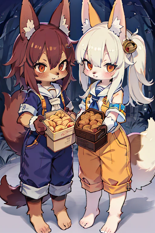 2 females, fox and raccoon, Furry, Beastman, animal hair, tail, Sailor suit, Short sleeve, Jersey pants, Long trousers, gloves, barefoot