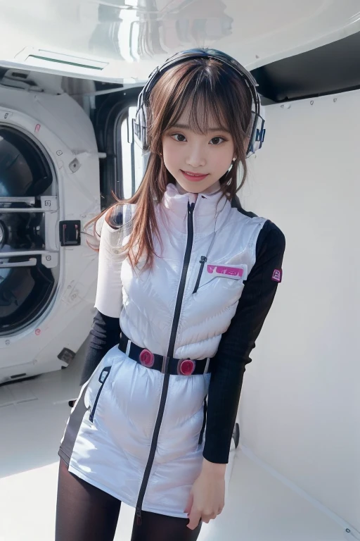 ((NSFW: 1.4)), ((Detailed face, Professional photography)), ((NSFW, zettai ryouiki, 1 girl)), Ultra-high resolution, (Realistic: 1.4), RAW Photos, highest quality, (PhotoRealistic Stick), concentrated, Soft Light, ((30 years old)), ((Japanese)), (( (Young Face))), (surface), (Depth of written boundary), masterpiece, (Realistic),(inside ISS):3, woman, ,astrovest:2,headphone:2,smartwatch,,bangs, ((1 girl)),(black sleeves):2,(black tights):2,inside spacestation,inside spacecraft,,zero gravity,smile,open leg,blush:1.5,hidden hands,neotech