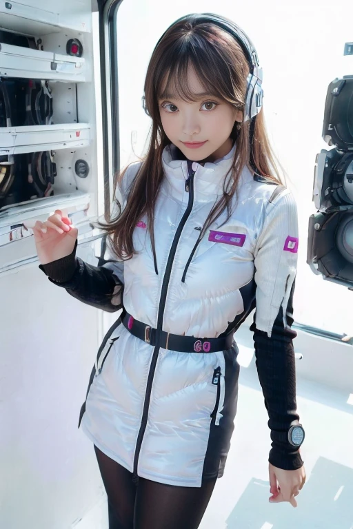 ((NSFW: 1.4)), ((Detailed face, Professional photography)), ((NSFW, zettai ryouiki, 1 girl)), Ultra-high resolution, (Realistic: 1.4), RAW Photos, highest quality, (PhotoRealistic Stick), concentrated, Soft Light, ((30 years old)), ((Japanese)), (( (Young Face))), (surface), (Depth of written boundary), masterpiece, (Realistic),(inside ISS):3, woman, ,astrovest:2,headphone:2,smartwatch,,bangs, ((1 girl)),(black sleeves):2,(black tights):2,inside spacestation,inside spacecraft,,zero gravity,smile,open leg,blush:1.5,hidden hands,neotech
