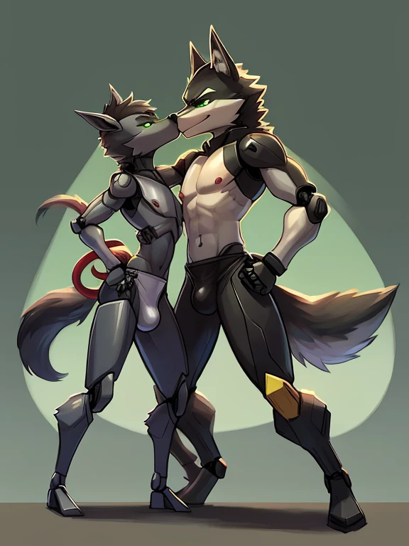 duo,Male, detailed green eyes, long tail, big nipples, slim, sly, simple background, smirk, bulge, tail wrapping around body,((Fighting Stance)),((a robot wolf kissing an live wolf))
